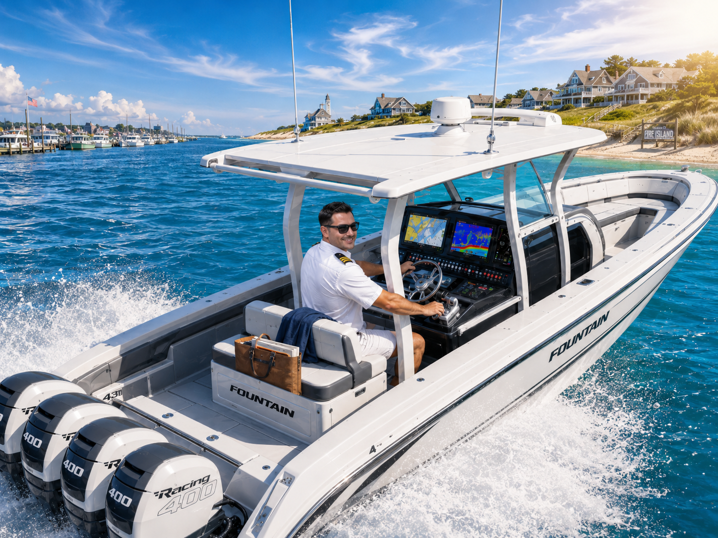 Captain at the helm of The Bay Line's center-console boat crossing the bay toward Fire Island, spray off the bow.