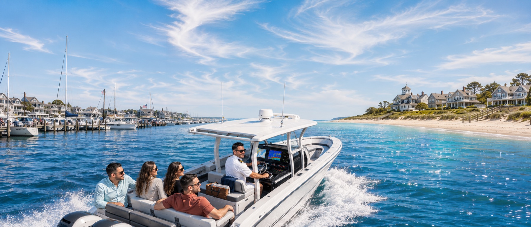 The Bay Line's center-console boat underway with the captain at the helm and guests aboard, passing a Long Island marina and beachfront homes.
