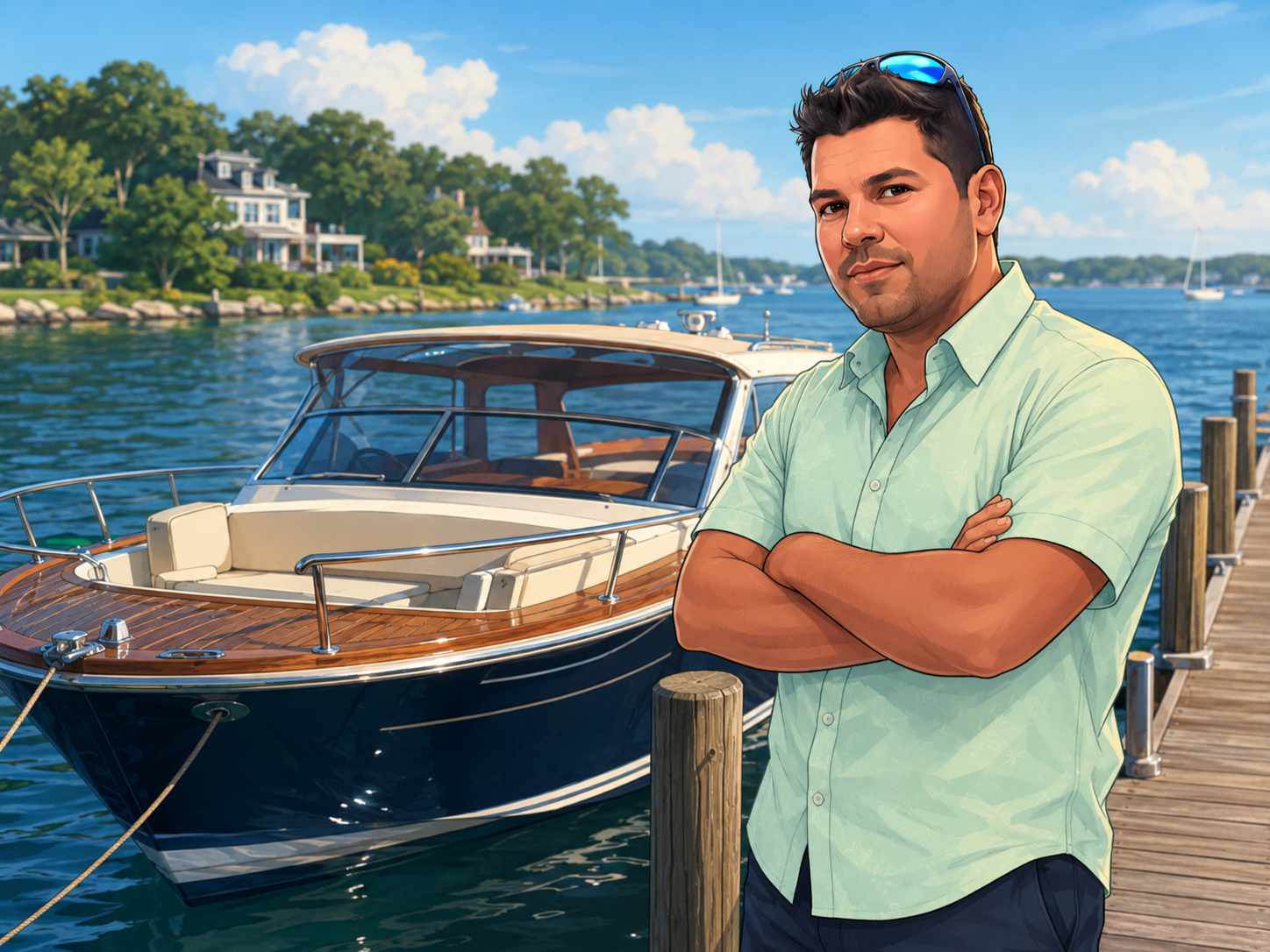 Captain Joseph standing on a dock beside a classic navy and wood boat on Long Island's South Shore.