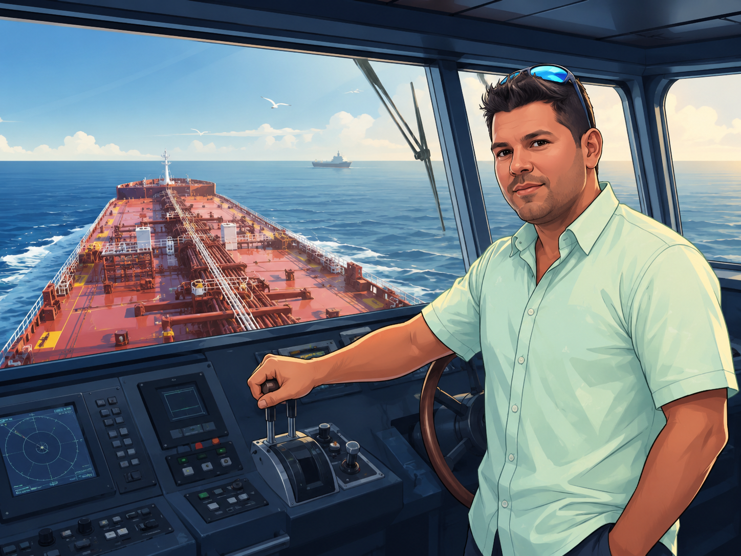 Joseph on the bridge of a commercial oil tanker at sea, demonstrating his credentials as a professional mariner.