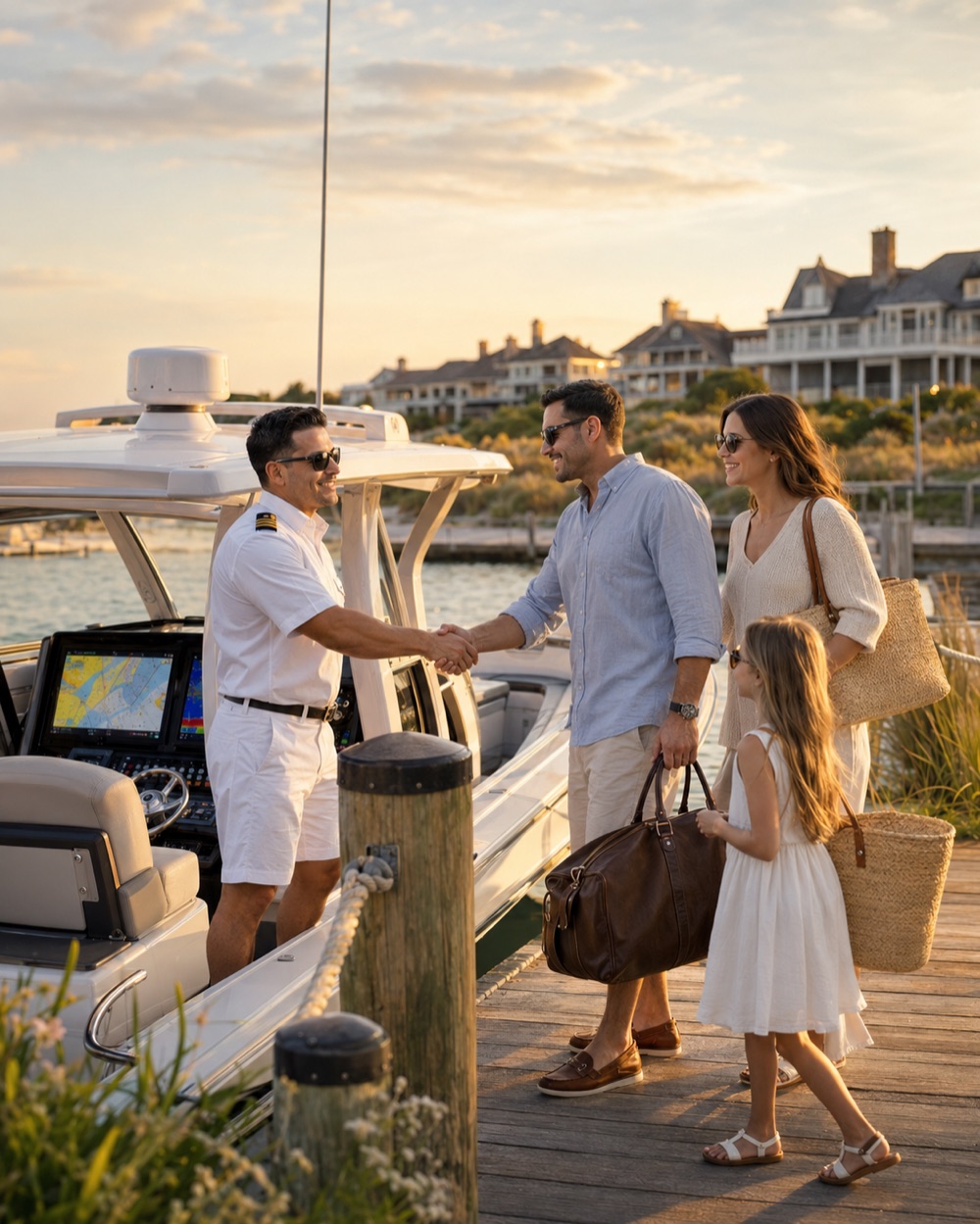 Captain Joseph in whites greeting a well-dressed family dockside at golden hour beside The Bay Line's center-console boat.